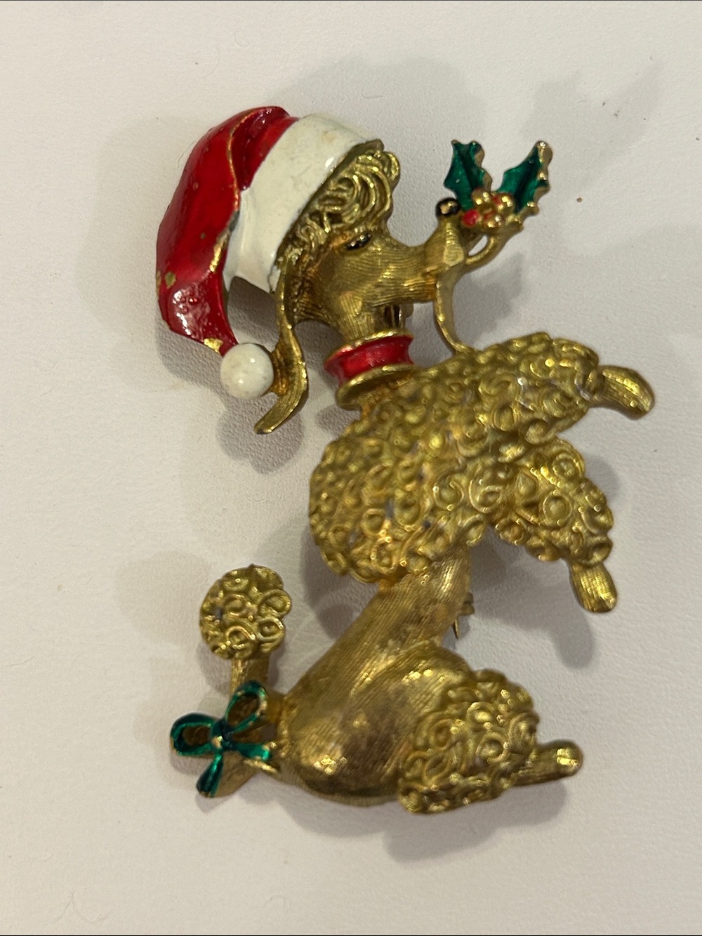 Gold Poodle Holiday Brooch with Red Santa Hat and Green Holly